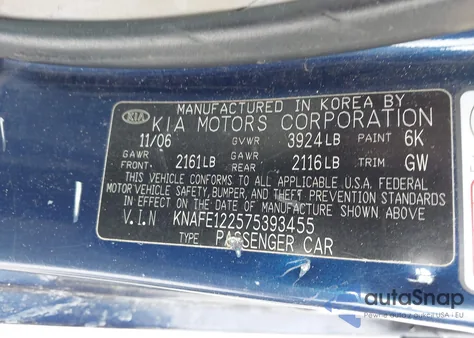 2007 Kia Spectra Ex z USA, uszkodzony, nr VIN KNAFE122575393455